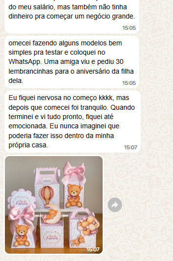 Print de conversa no WhatsApp de aluna que recebeu encomenda de 30 lembrancinhas
