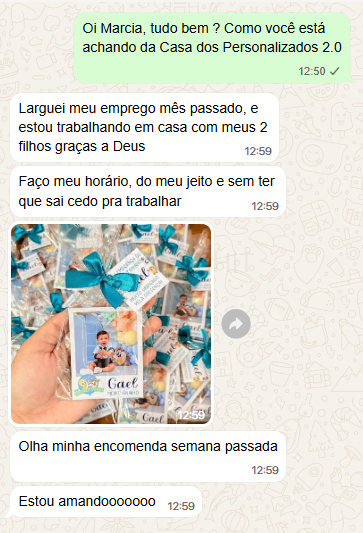 Print de conversa no WhatsApp de aluna que passou a trabalhar em casa com personalizados