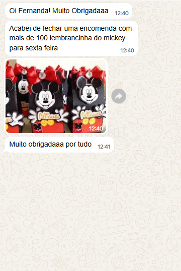 Print de conversa no WhatsApp de aluna que fechou encomenda de mais de 100 lembrancinhas