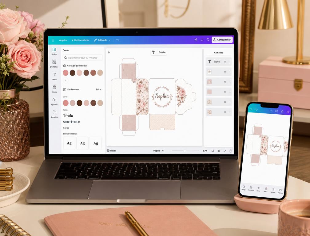Notebook e celular exibindo o editor de moldes personalizados