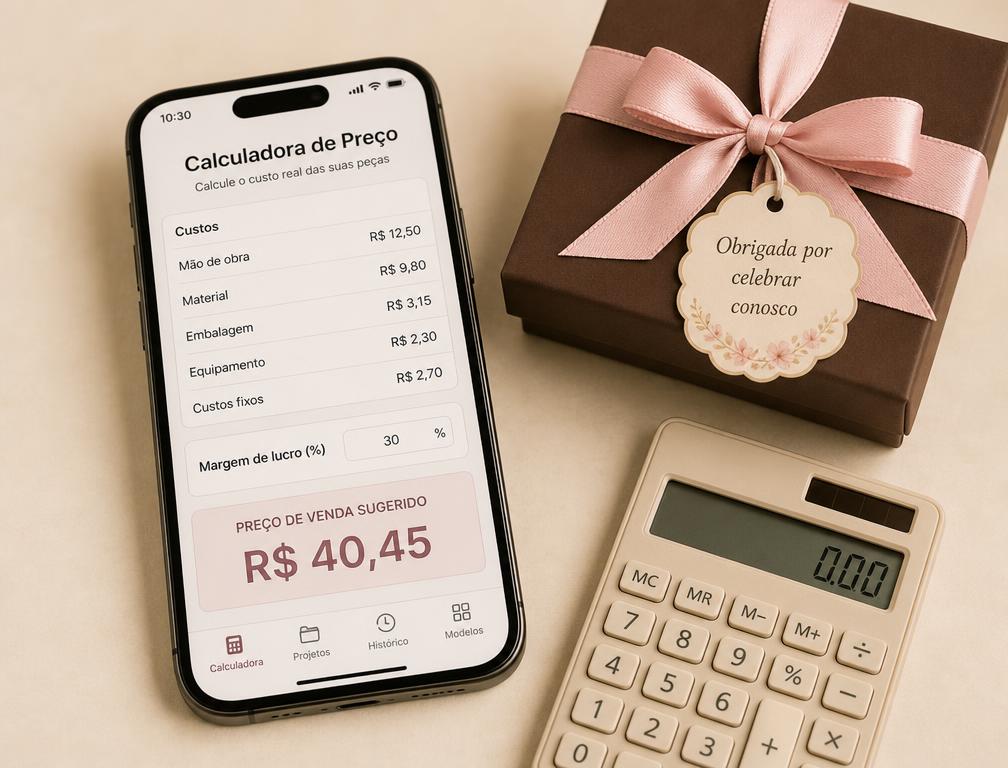 Celular exibindo a calculadora de precificação