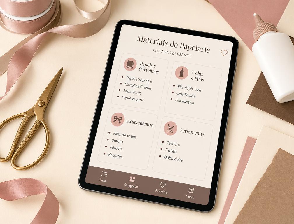 Tablet exibindo um checklist de materiais ao lado de fitas e tesoura