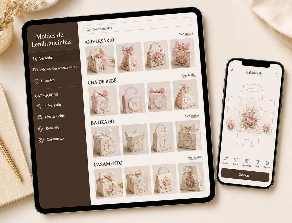 Tablet exibindo a biblioteca de moldes de caixinhas