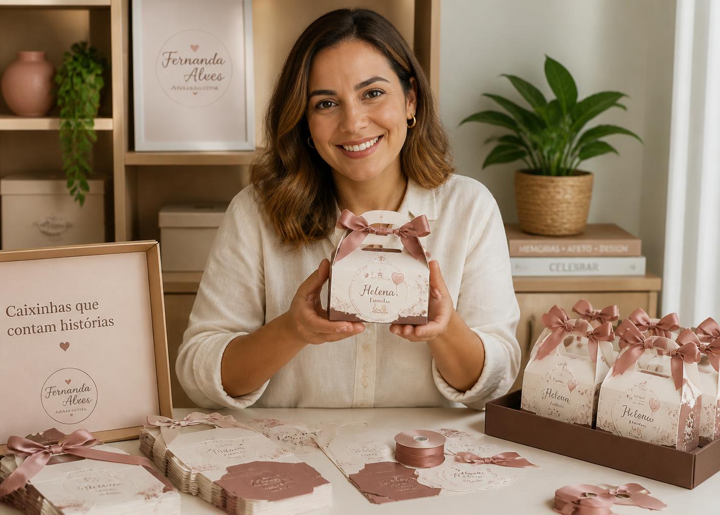 Fernanda Alves segurando lembrancinhas personalizadas ao lado de kits prontos sobre a mesa