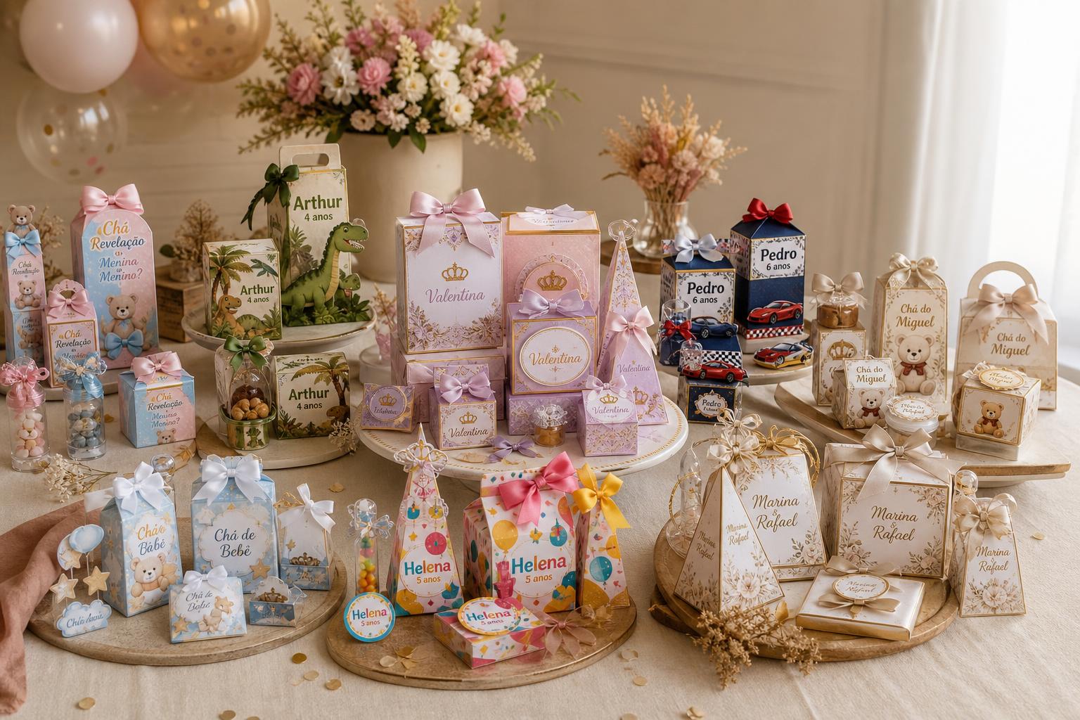 Mesa premium de festa com vários kits de lembrancinhas personalizadas prontas para vender: chá de revelação, princesa, dinossauro, carrinhos, ursinho, chá de bebê, aniversário e casamento