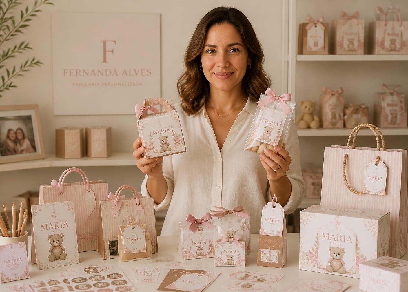 Fernanda Alves segurando lembrancinhas personalizadas ao lado de kits prontos