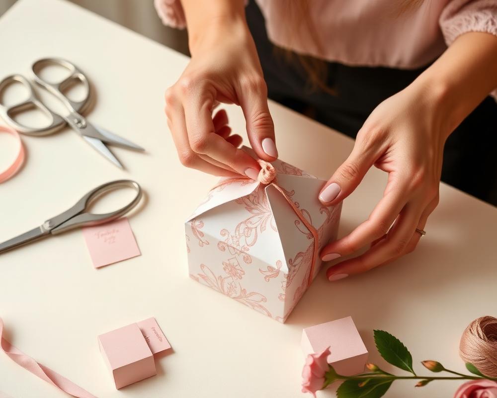 Mãos montando uma caixinha de papel personalizada