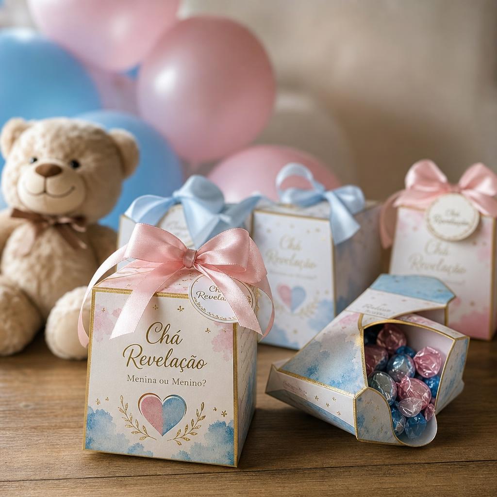 Caixinhas personalizadas rosa e azul para chá de revelação