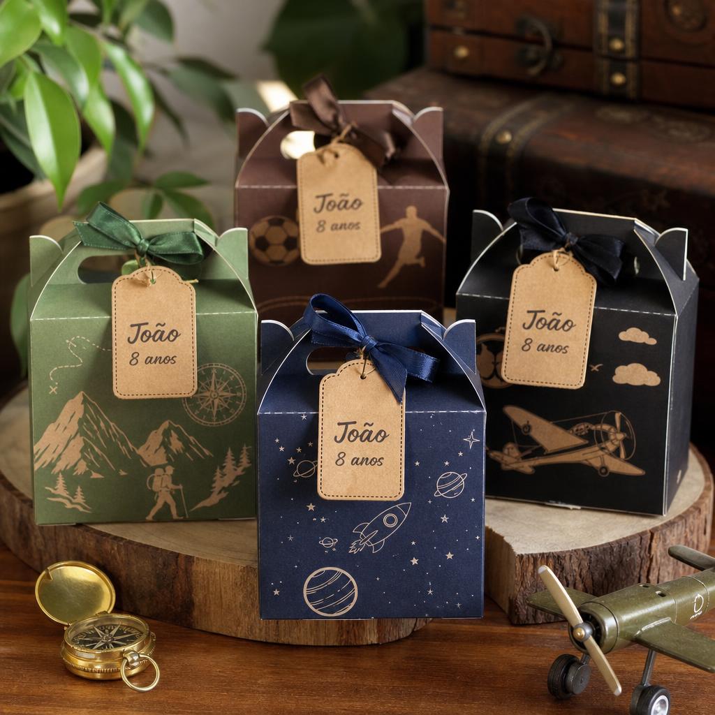 Caixinhas personalizadas em tons neutros com tema masculino