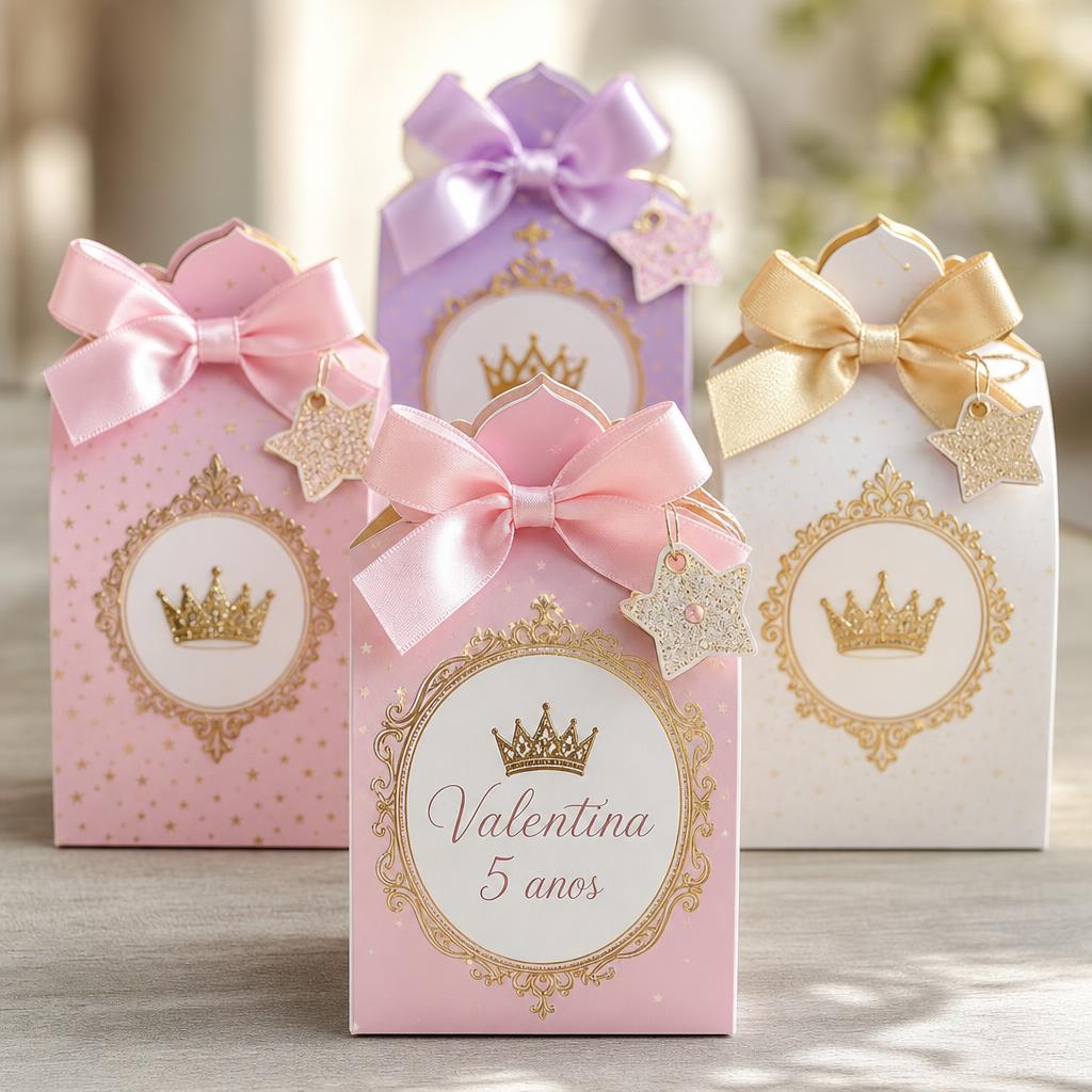 Caixinhas personalizadas com tema de princesas em rosa e dourado