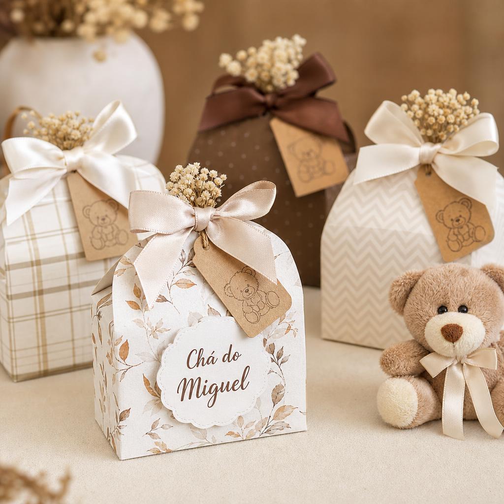 Caixinhas personalizadas com tema de ursinhos e laços